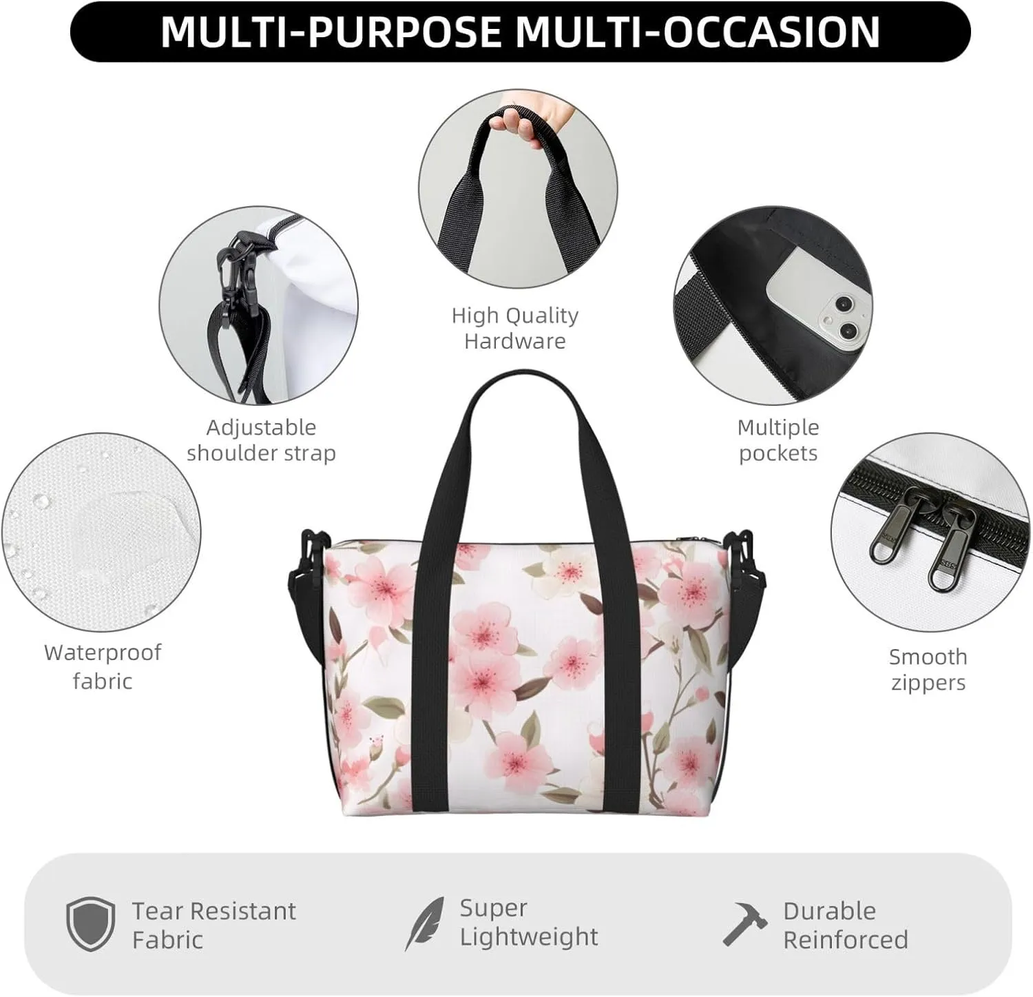 Travel Duffle Bag Japanese Cherry Flower Weekender Overnight Bags Luggage Bag for Women Men Waterproof Sports Gym Bag Hand Bag with Shoulder Strap