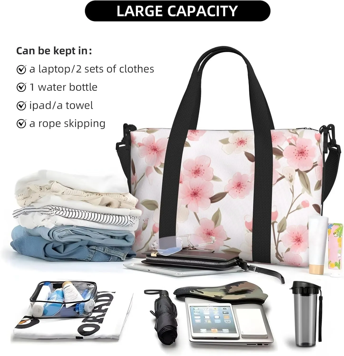 Travel Duffle Bag Japanese Cherry Flower Weekender Overnight Bags Luggage Bag for Women Men Waterproof Sports Gym Bag Hand Bag with Shoulder Strap
