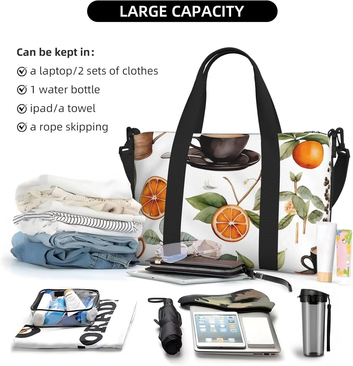Travel Duffle Bag Orange Coffee Weekender Overnight Bags Luggage Bag for Women Men Waterproof Sports Gym Bag Hand Bag with Shoulder Strap