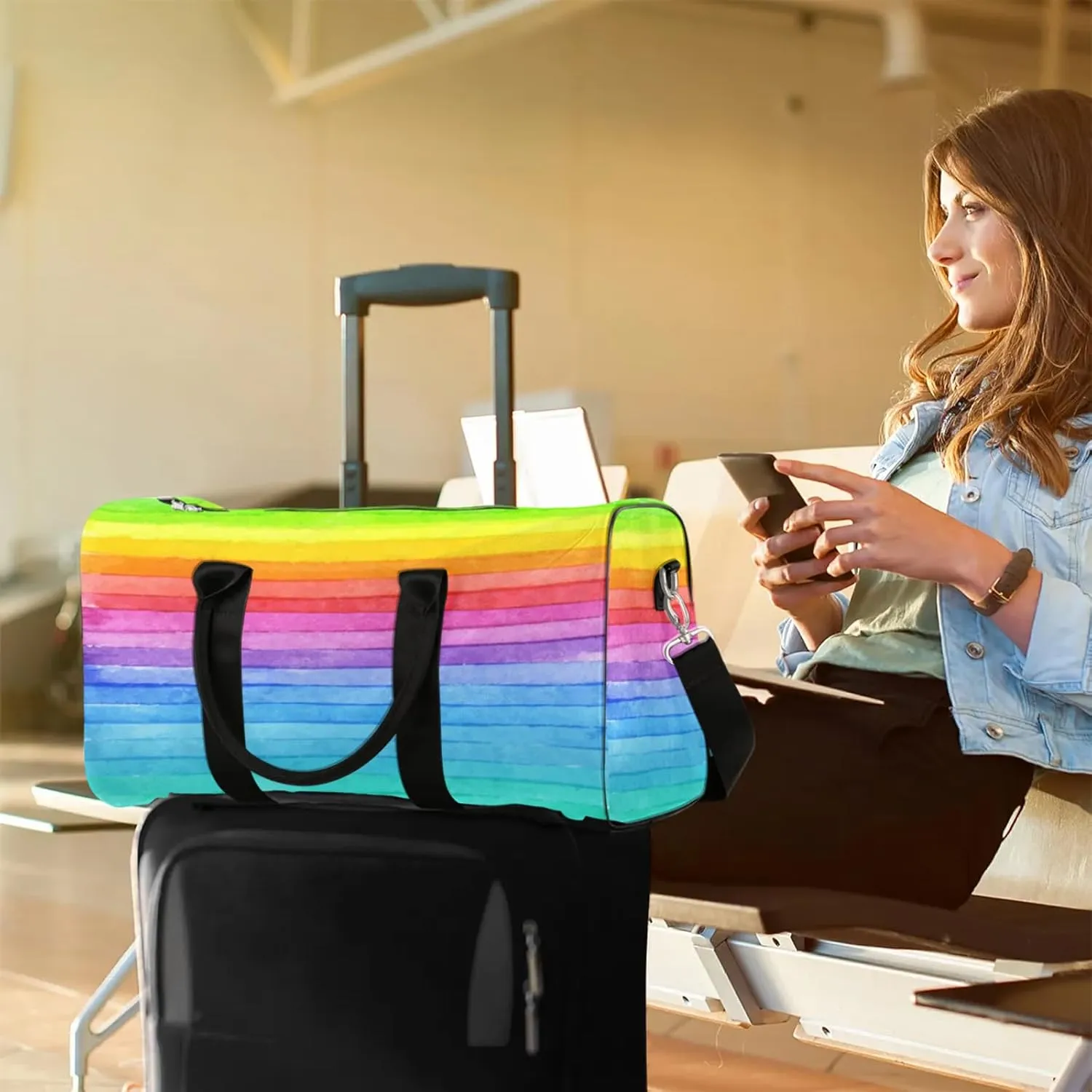 Travel Duffle Bag Rainbow Stripe Texture Sports Gym Bags for Women Men Weekender Overnight Bags Waterproof Carry On Tote Bag Workout Bag for Dance Swimming Yoga Hospital