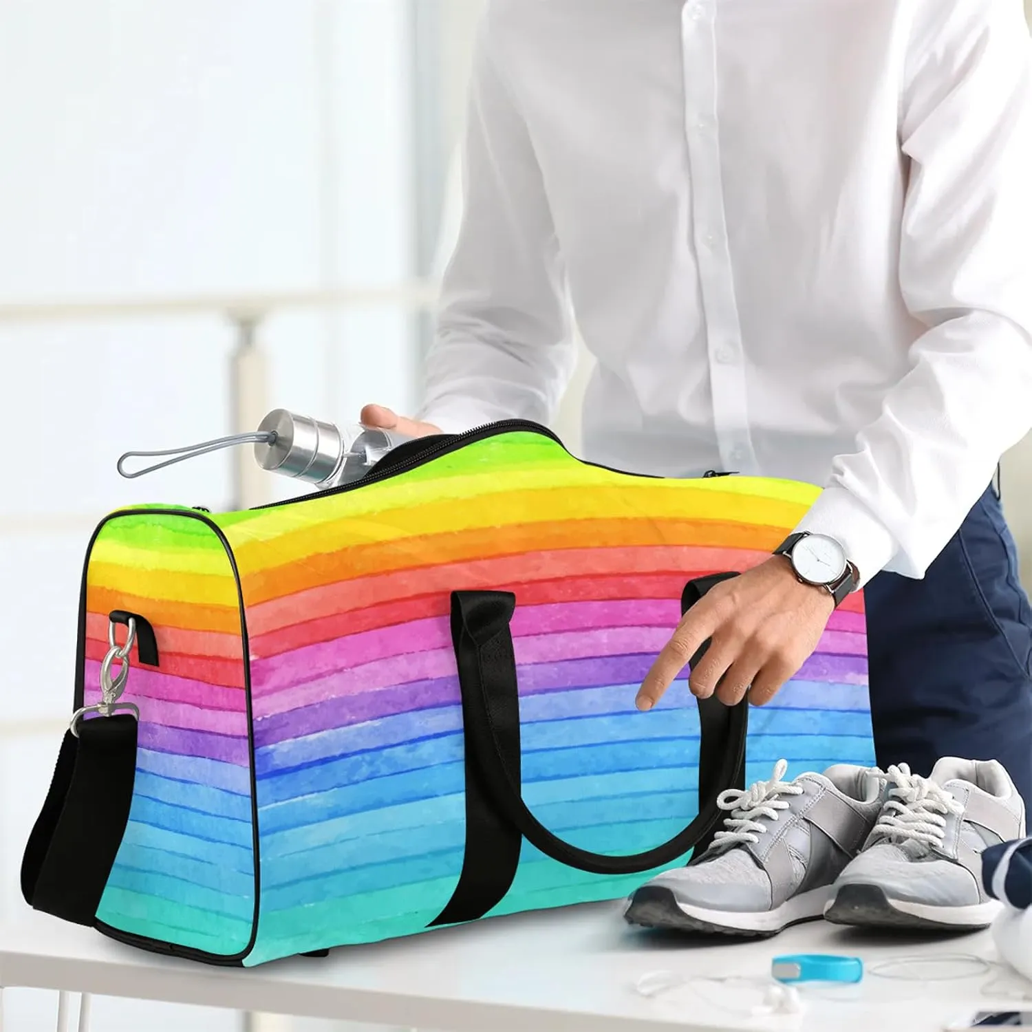 Travel Duffle Bag Rainbow Stripe Texture Sports Gym Bags for Women Men Weekender Overnight Bags Waterproof Carry On Tote Bag Workout Bag for Dance Swimming Yoga Hospital