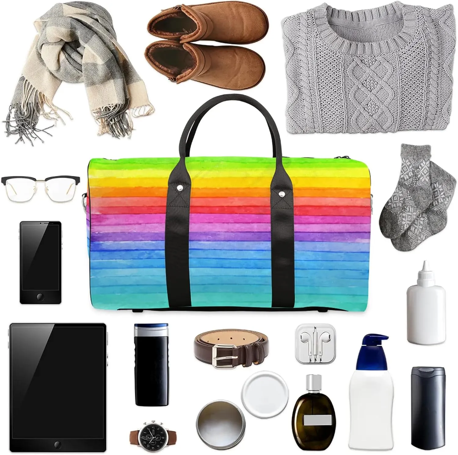 Travel Duffle Bag Rainbow Stripe Texture Sports Gym Bags for Women Men Weekender Overnight Bags Waterproof Carry On Tote Bag Workout Bag for Dance Swimming Yoga Hospital