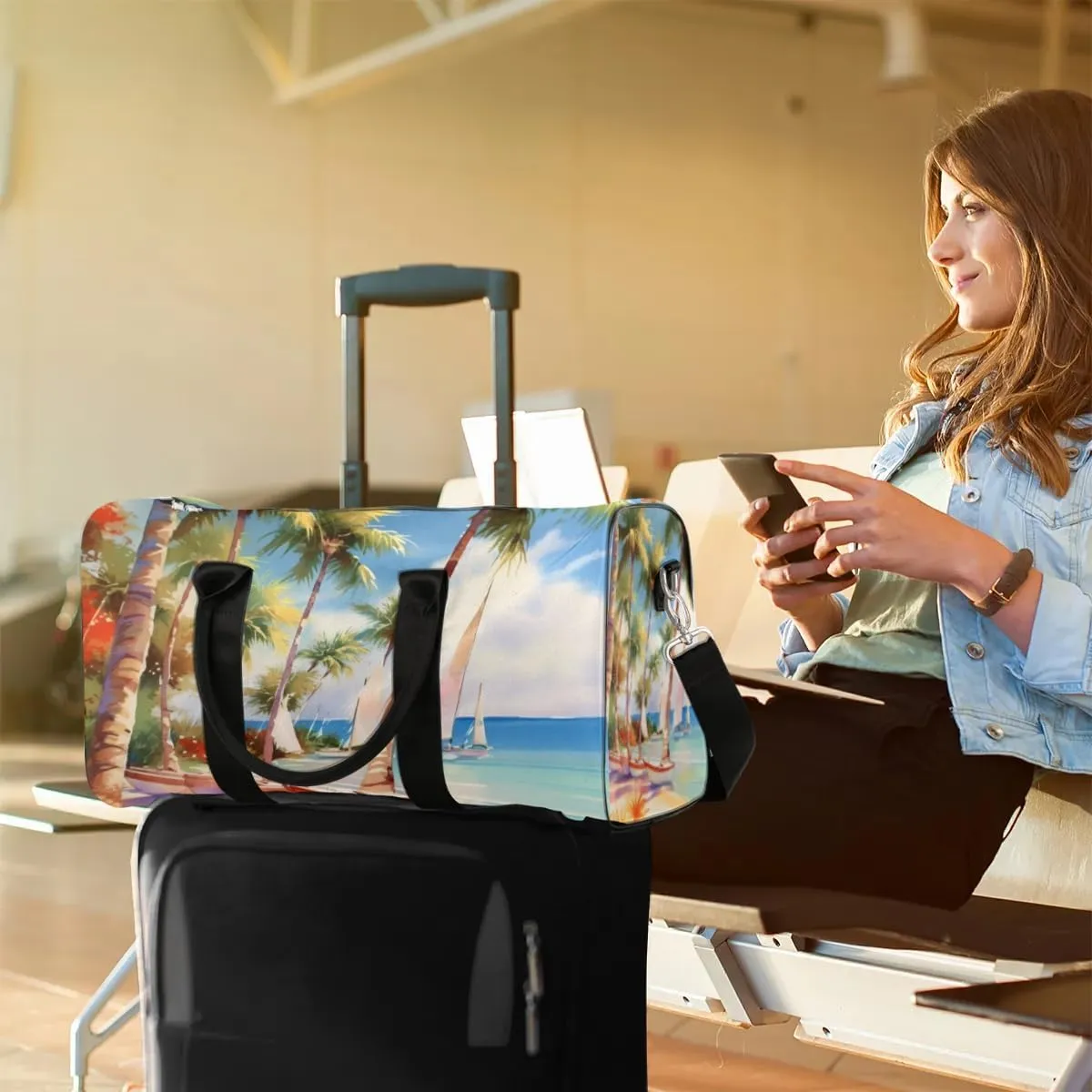 Travel Duffle Bag Seaside Coconut Tree Gym Bags for Men Women Travel Duffel Bags with Adjustable Shoulder Strap Carry On Weekender Bag