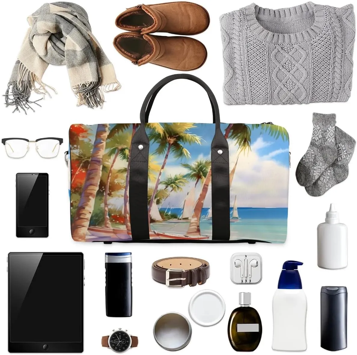 Travel Duffle Bag Seaside Coconut Tree Gym Bags for Men Women Travel Duffel Bags with Adjustable Shoulder Strap Carry On Weekender Bag