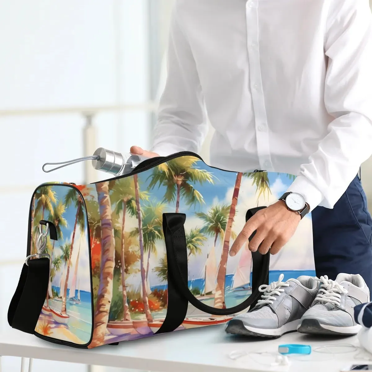 Travel Duffle Bag Seaside Coconut Tree Gym Bags for Men Women Travel Duffel Bags with Adjustable Shoulder Strap Carry On Weekender Bag