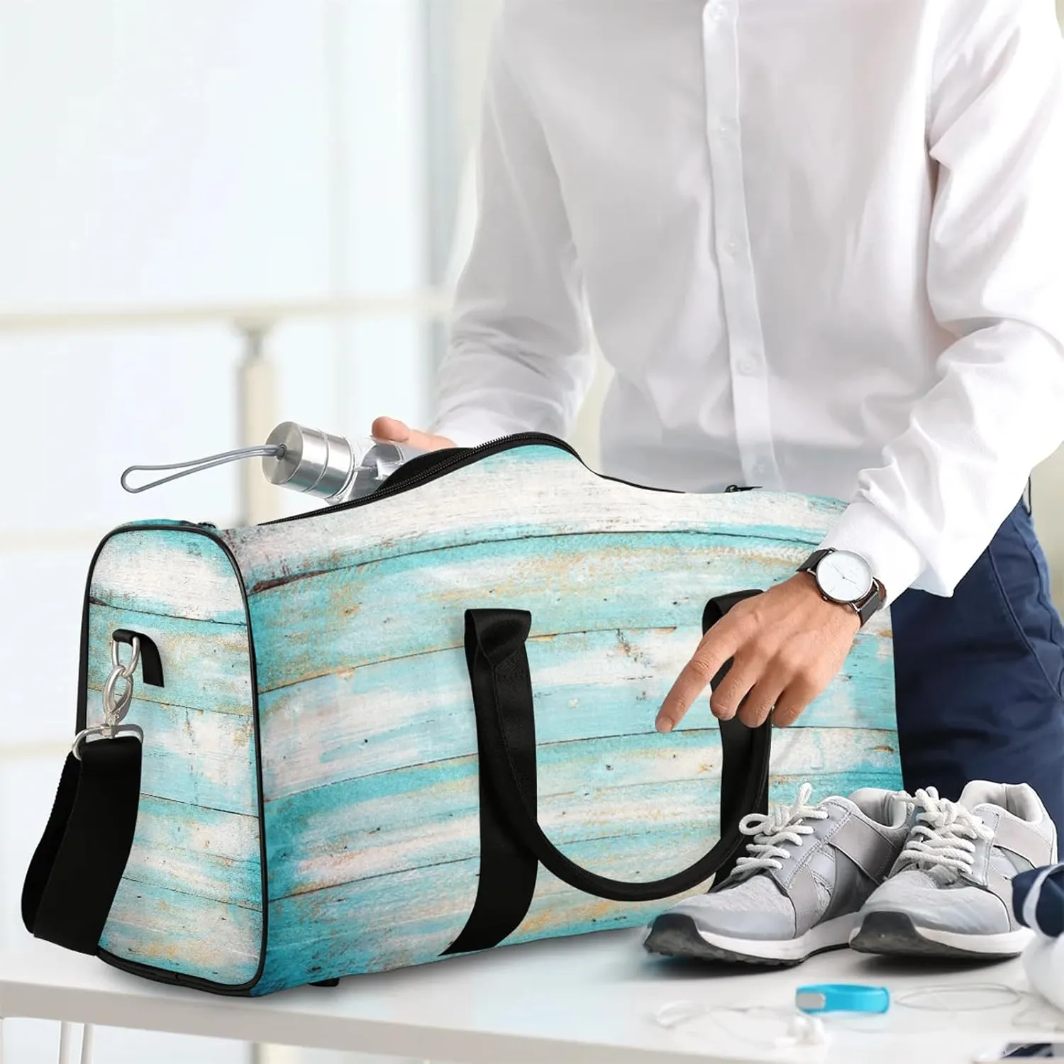 Travel Duffle Bag Wood Modern Teal Sports Gym Bags for Women Men Weekender Overnight Bags Waterproof Carry On Tote Bag Workout Bag for Dance Swimming Yoga Hospital