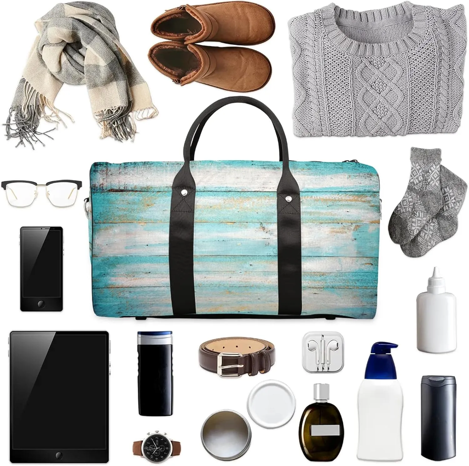 Travel Duffle Bag Wood Modern Teal Sports Gym Bags for Women Men Weekender Overnight Bags Waterproof Carry On Tote Bag Workout Bag for Dance Swimming Yoga Hospital