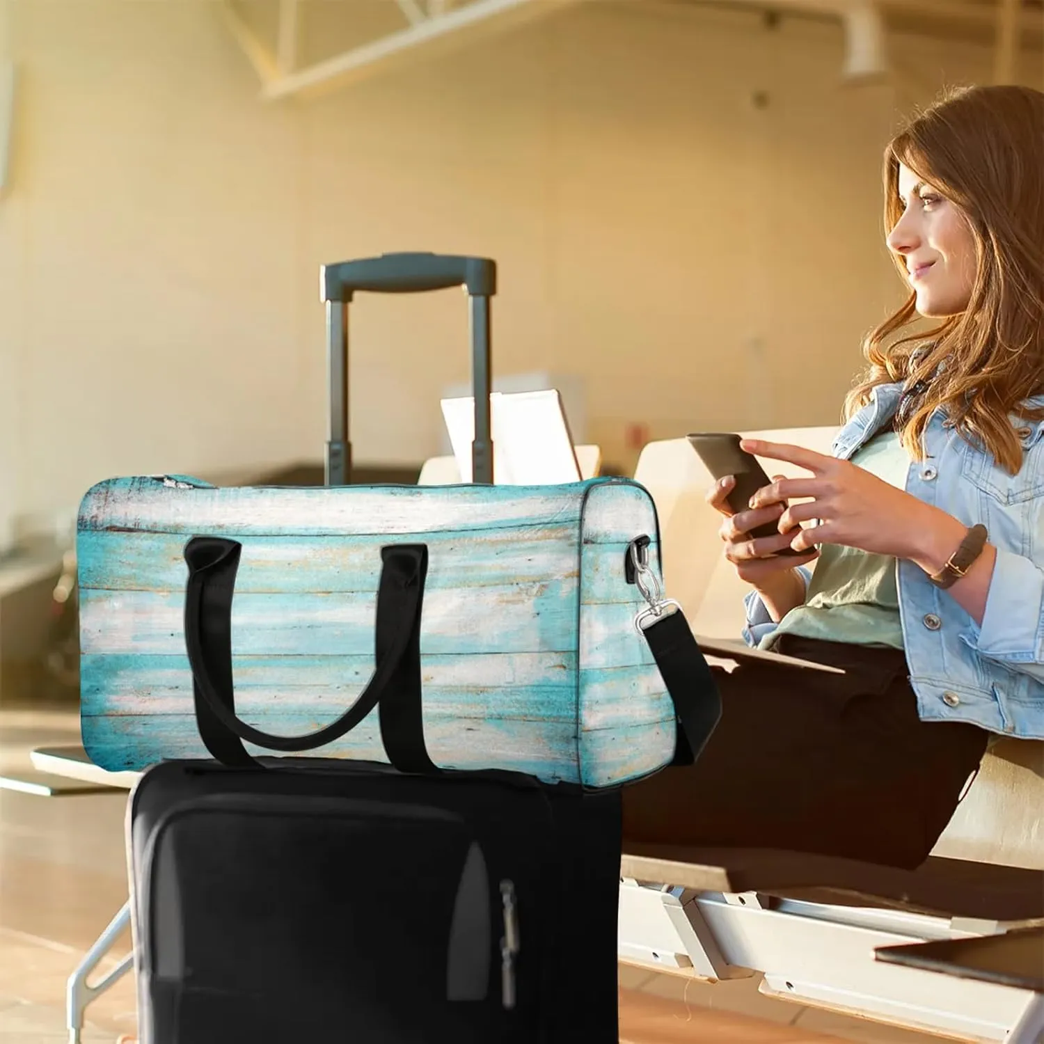 Travel Duffle Bag Wood Modern Teal Sports Gym Bags for Women Men Weekender Overnight Bags Waterproof Carry On Tote Bag Workout Bag for Dance Swimming Yoga Hospital