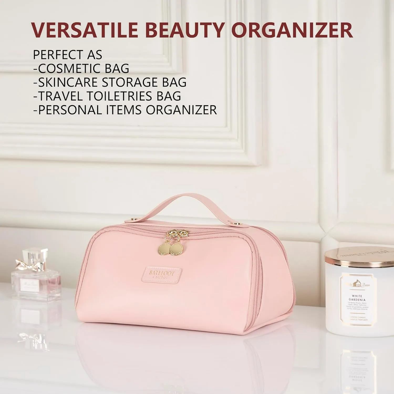 Travel Makeup Bag and Cosmetic Organizer for Women, with Multiple Pockets, Wide Open Design, Large Brush Pocket, Compact and Portable Storage Bag for Travel Accessories and Beauty Essentials (Pink)