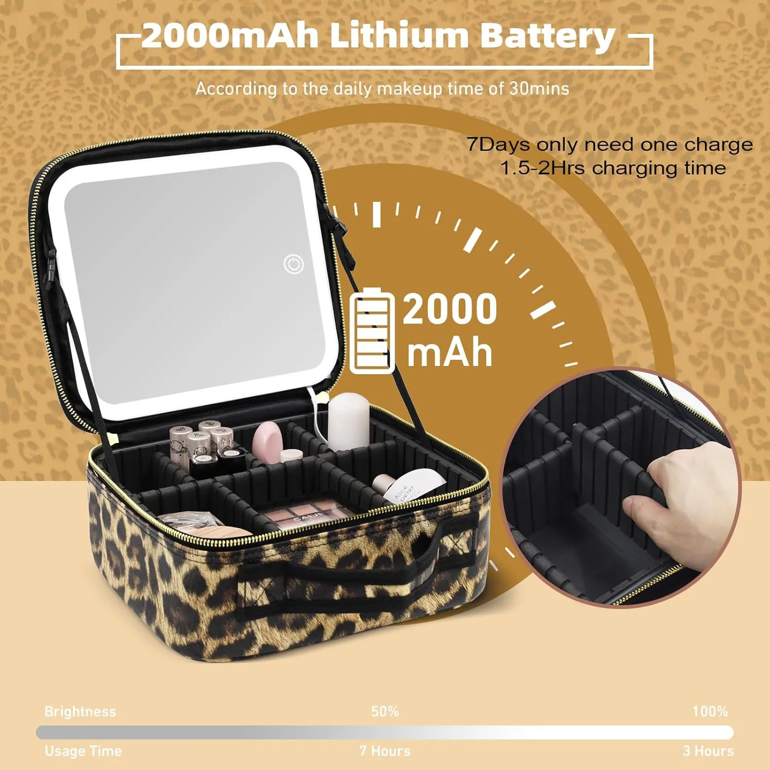 Travel Makeup Bag Cosmetic Organizer Bag with Large Magnetic Removable Lighted Mirror, Makeup Case with Mirror and Lights 3-Color Modes Adjustable Brightness 360° Angle, Makeup Travel Train Case Gift