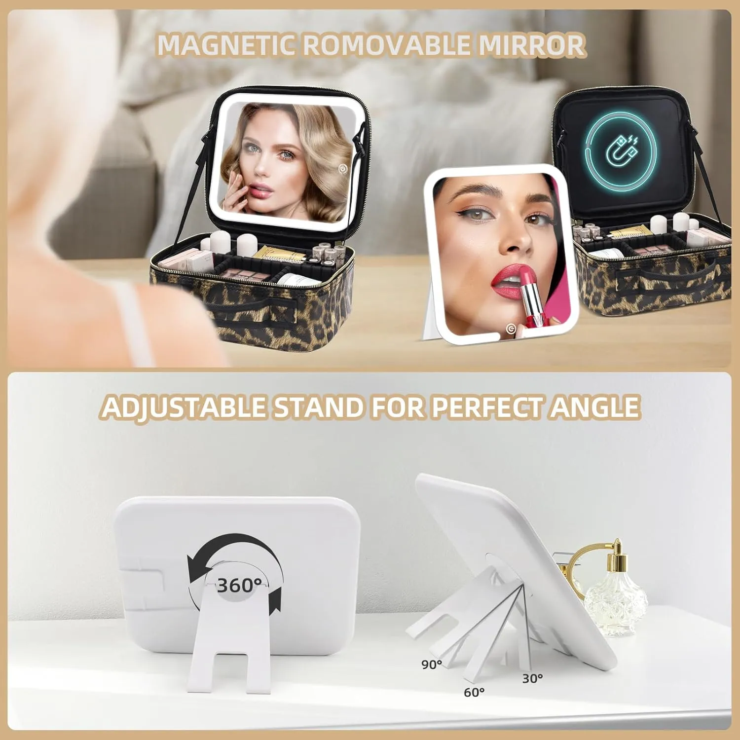 Travel Makeup Bag Cosmetic Organizer Bag with Large Magnetic Removable Lighted Mirror, Makeup Case with Mirror and Lights 3-Color Modes Adjustable Brightness 360° Angle, Makeup Travel Train Case Gift
