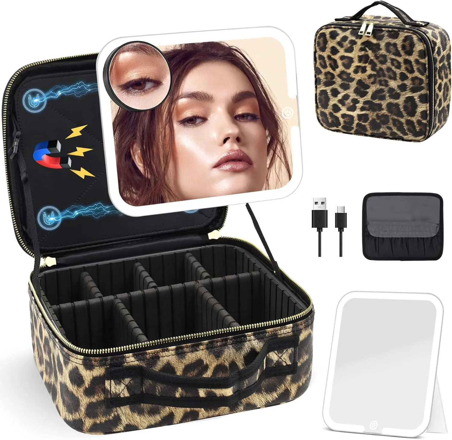 Travel Makeup Bag Cosmetic Organizer Bag with Large Magnetic Removable Lighted Mirror, Makeup Case with Mirror and Lights 3-Color Modes Adjustable Brightness 360° Angle, Makeup Travel Train Case Gift