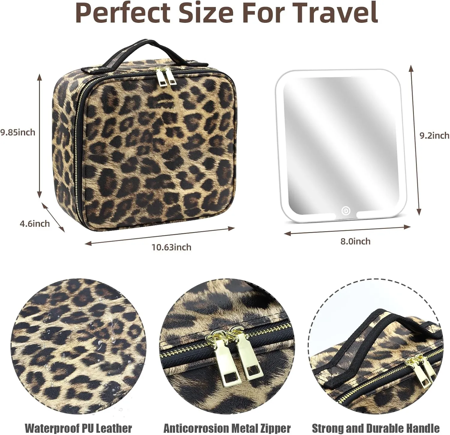 Travel Makeup Bag Cosmetic Organizer Bag with Large Magnetic Removable Lighted Mirror, Makeup Case with Mirror and Lights 3-Color Modes Adjustable Brightness 360° Angle, Makeup Travel Train Case Gift