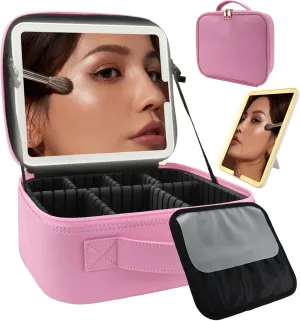 Travel Makeup Bag for Women and Makeup Artists Cosmetic Organizer Large Makeup Case,Travel Makeup Bag with Mirror 3 Color Setting,Portable Storage and Adjustable Dividers Makeup Bag(Dark Pink)