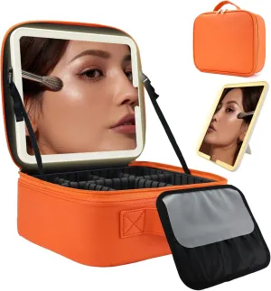Travel Makeup Bag for Women and Makeup Artists Cosmetic Organizer Large Makeup Case,Travel Makeup Bag with Mirror 3 Color Setting,Portable Storage and Adjustable Dividers Makeup Bag(orange)