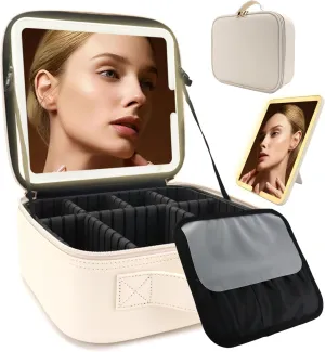 Travel Makeup Bag for Women and Makeup Artists Cosmetic Organizer Large Makeup Case,Travel Makeup Bag with Mirror 3 Color Setting,Portable Storage and Adjustable Dividers Makeup Bag(White)
