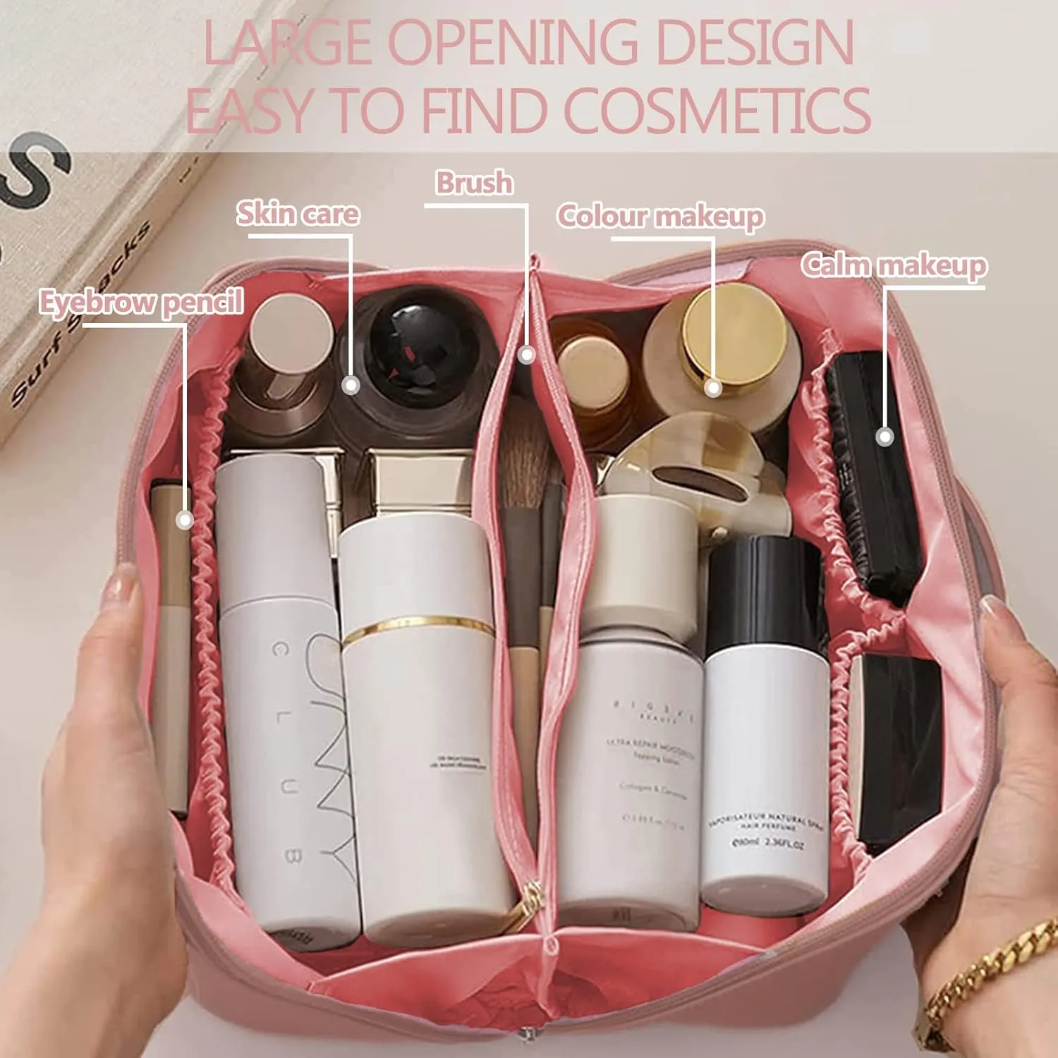 Travel Makeup Bag, Large Opening for Easy Access Cosmetic Bag, Large Capacity Lay Flat Makeup Bag for Women Girl Travelling Waterproof Makeup Bag Pink