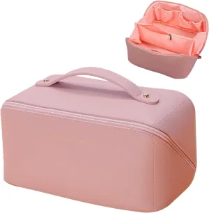 Travel Makeup Bag, Large Opening for Easy Access Cosmetic Bag, Large Capacity Lay Flat Makeup Bag for Women Girl Travelling Waterproof Makeup Bag Pink