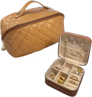 Travel Makeup Bag with Jewelry Organizer PU Leather Portable Toiletry Case for Women Stylish Design (Brown)
