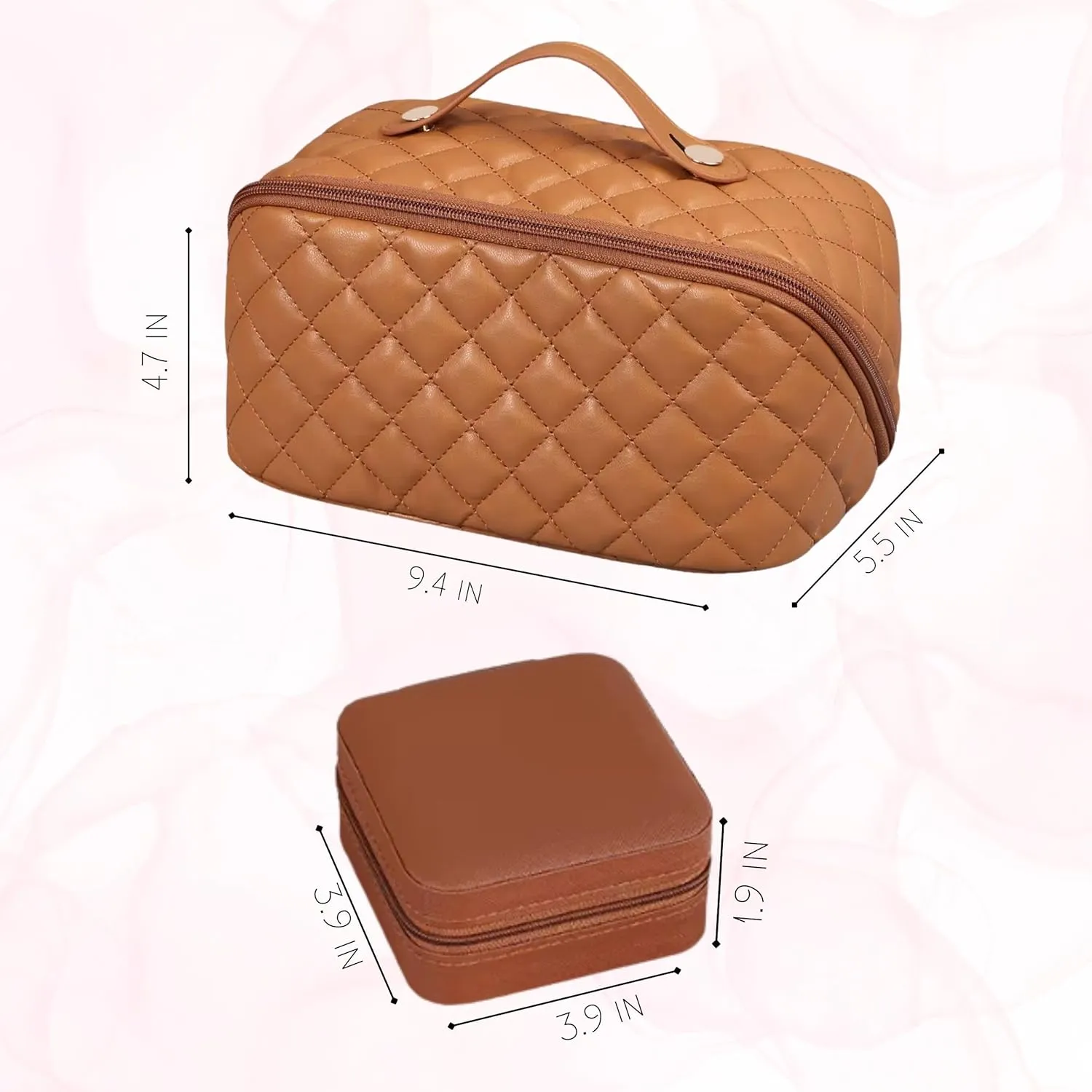 Travel Makeup Bag with Jewelry Organizer PU Leather Portable Toiletry Case for Women Stylish Design (Brown)