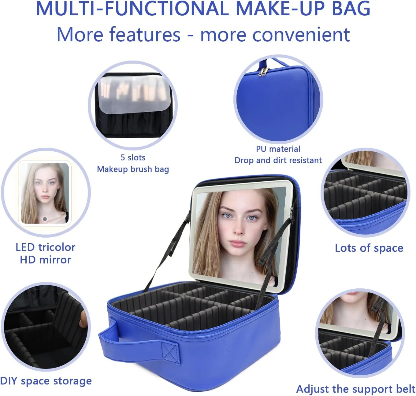 Travel Makeup Bag with LED Mirror and Light Makeup Travel Bag Organizer Portable Cosmetic Brush Organizer Bag with Adjustable Dividers for Cosmetics Makeup Brushes Toiletry (Dark Blue)