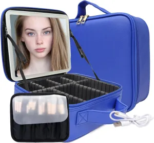 Travel Makeup Bag with LED Mirror and Light Makeup Travel Bag Organizer Portable Cosmetic Brush Organizer Bag with Adjustable Dividers for Cosmetics Makeup Brushes Toiletry (Dark Blue)