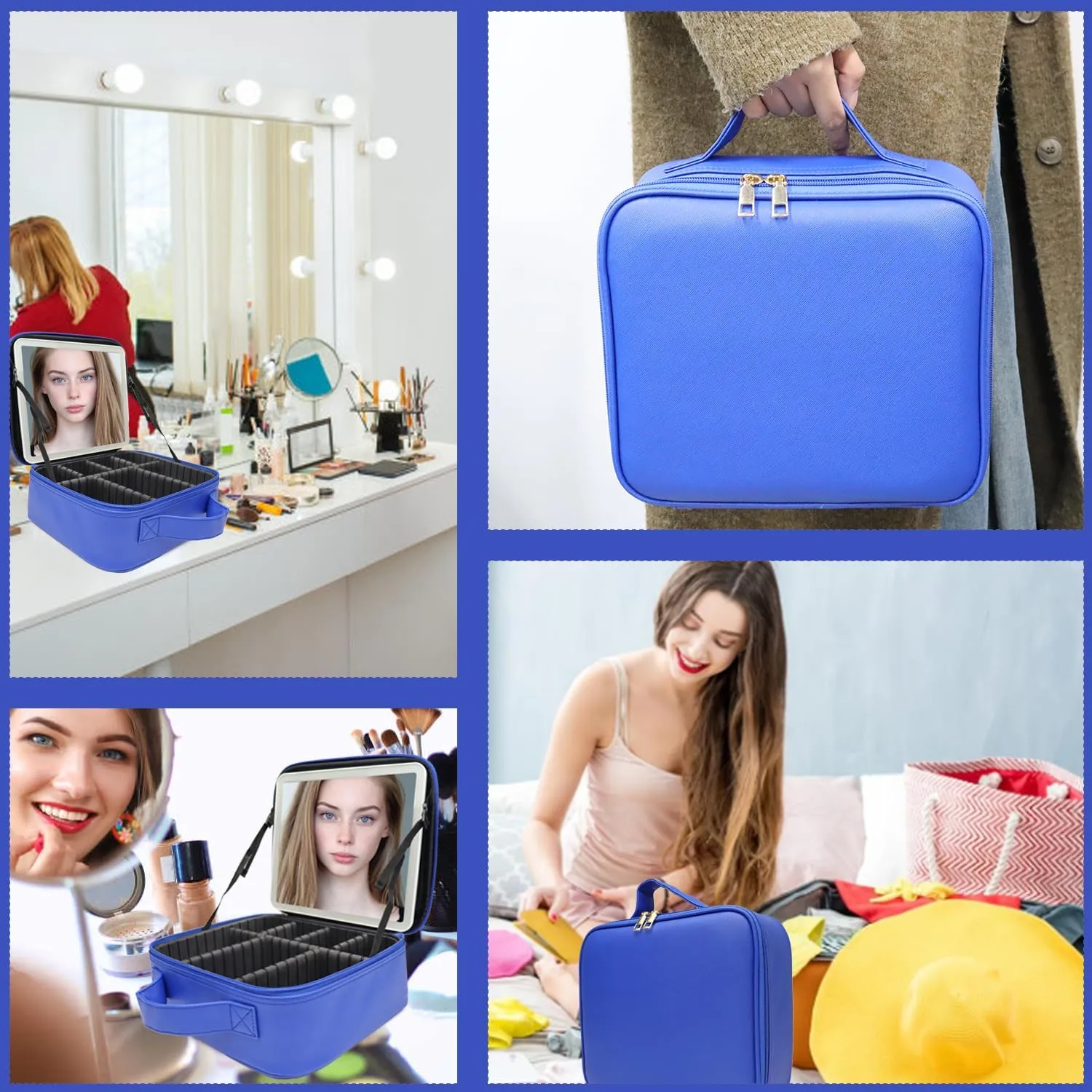 Travel Makeup Bag with LED Mirror and Light Makeup Travel Bag Organizer Portable Cosmetic Brush Organizer Bag with Adjustable Dividers for Cosmetics Makeup Brushes Toiletry (Dark Blue)