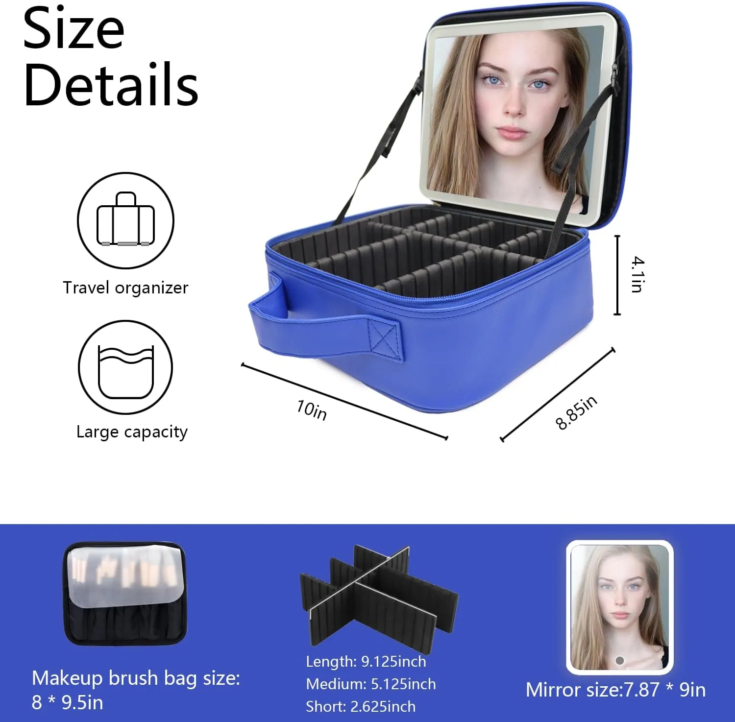 Travel Makeup Bag with LED Mirror and Light Makeup Travel Bag Organizer Portable Cosmetic Brush Organizer Bag with Adjustable Dividers for Cosmetics Makeup Brushes Toiletry (Dark Blue)