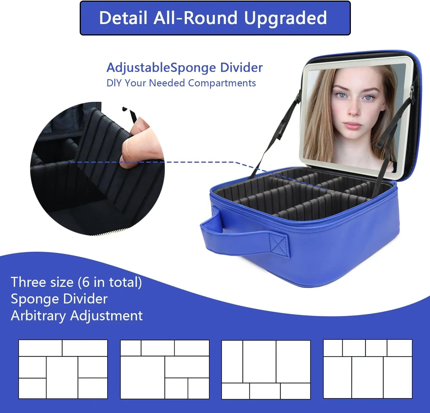 Travel Makeup Bag with LED Mirror and Light Makeup Travel Bag Organizer Portable Cosmetic Brush Organizer Bag with Adjustable Dividers for Cosmetics Makeup Brushes Toiletry (Dark Blue)