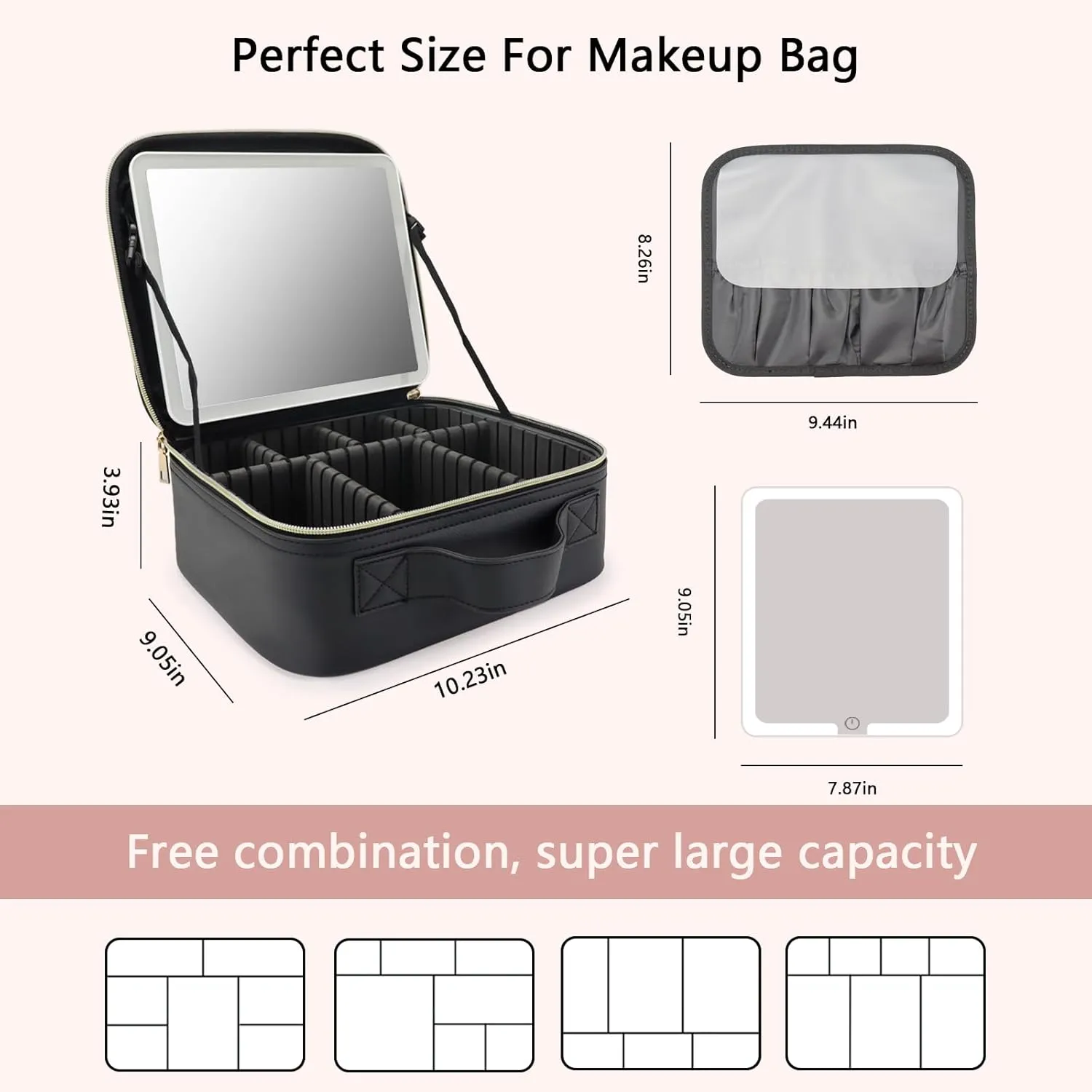 Travel Makeup Bag with LED Mirror and Light Travel Makeup Case Cosmetic Organizer Portable Cosmetic Brush Organizer Bag with Adjustable Dividers for Cosmetics Makeup Brushes Toiletry (Black)