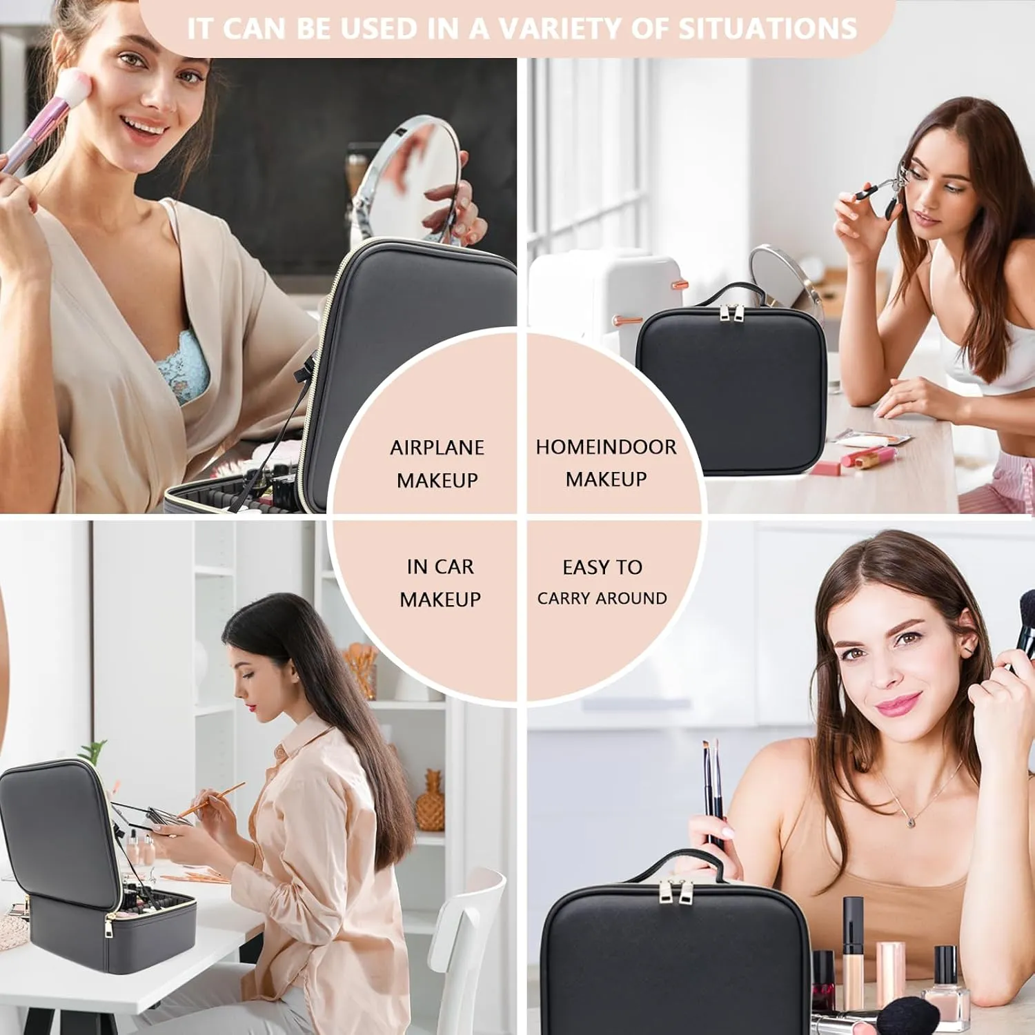 Travel Makeup Bag with LED Mirror and Light Travel Makeup Case Cosmetic Organizer Portable Cosmetic Brush Organizer Bag with Adjustable Dividers for Cosmetics Makeup Brushes Toiletry (Black)