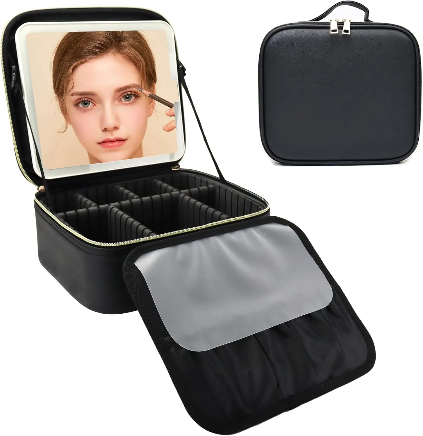 Travel Makeup Bag with LED Mirror and Light Travel Makeup Case Cosmetic Organizer Portable Cosmetic Brush Organizer Bag with Adjustable Dividers for Cosmetics Makeup Brushes Toiletry (Black)