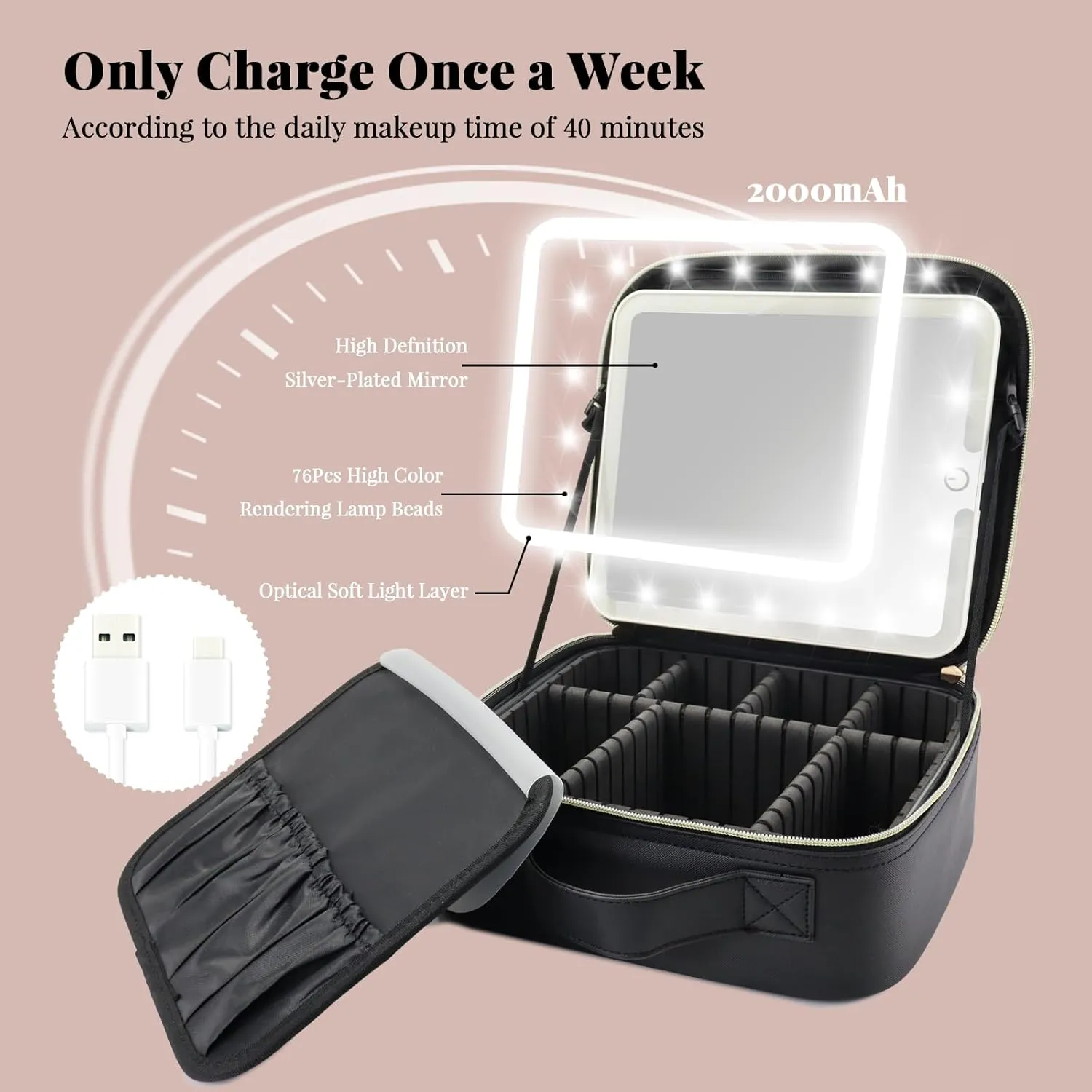 Travel Makeup Bag with LED Mirror and Light Travel Makeup Case Cosmetic Organizer Portable Cosmetic Brush Organizer Bag with Adjustable Dividers for Cosmetics Makeup Brushes Toiletry (Black)