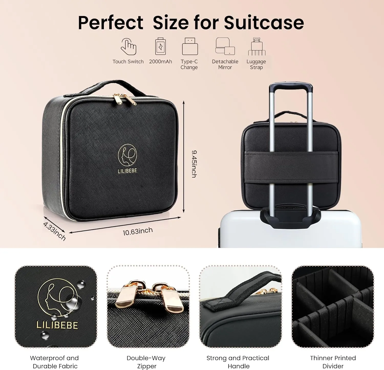 Travel Makeup Bag with Led Mirror Detachable 3 Color Scenarios Adjustable Brightness Large Cosmetic Organizer Storage Adjustable Dividers Waterproof Makeup Brushes Toiletry Gift Black