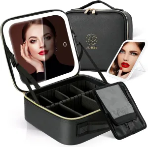 Travel Makeup Bag with Led Mirror Detachable 3 Color Scenarios Adjustable Brightness Large Cosmetic Organizer Storage Adjustable Dividers Waterproof Makeup Brushes Toiletry Gift Black