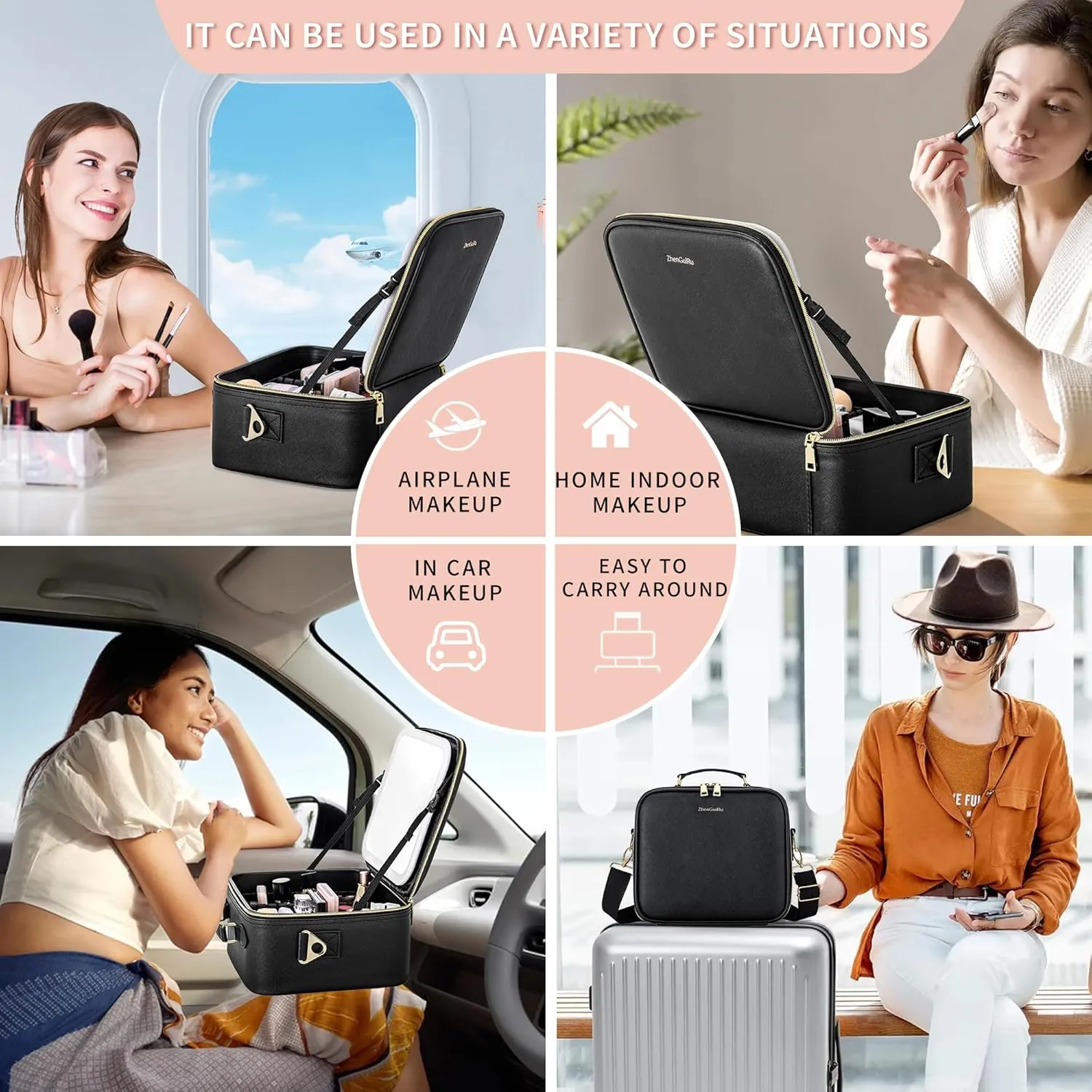 Travel Makeup Bag with LED Mirror, Portable Cosmetic Case Organizer with Lighted Mirror, Waterproof Makeup Case for Cosmetic Brush Holder Storage, Black Toiletry Bag for Women Gift