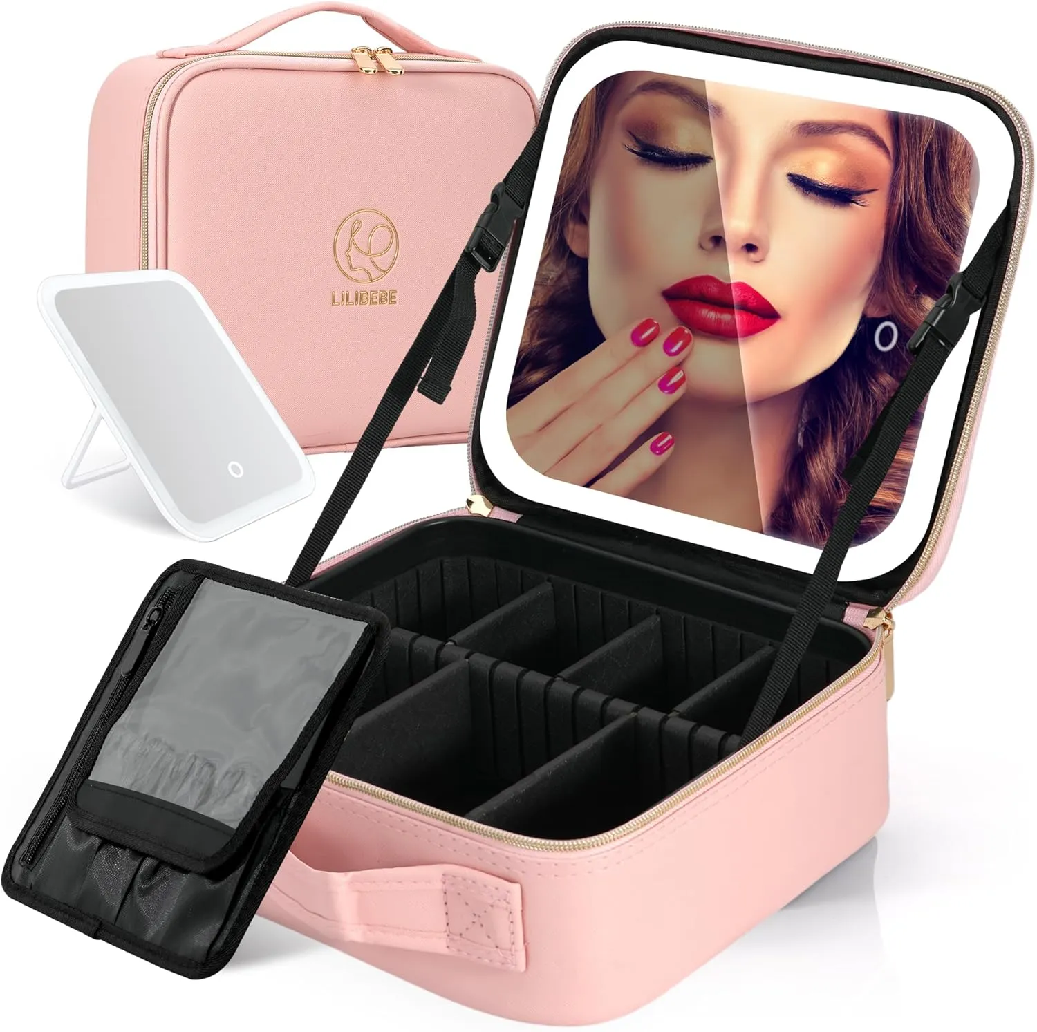 Travel Makeup Bag with Mirror Cosmetic Bag Makeup Artist Bag, 3 Color Scenarios Adjustable Brightness, Makeup Train Case Cosmetic Storage Gift for Daughter Wife Friend Pink