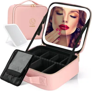 Travel Makeup Bag with Mirror Cosmetic Bag Makeup Artist Bag, 3 Color Scenarios Adjustable Brightness, Makeup Train Case Cosmetic Storage Gift for Daughter Wife Friend Pink