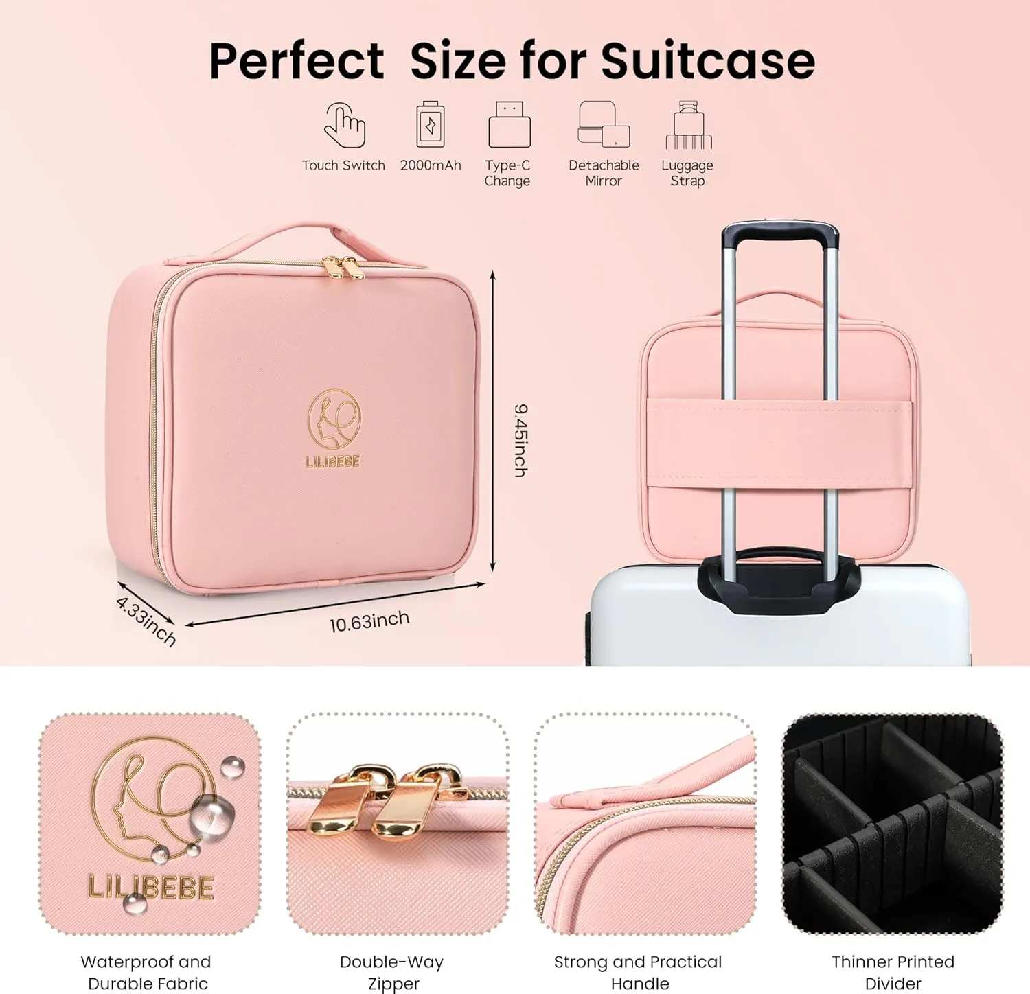 Travel Makeup Bag with Mirror Cosmetic Bag Makeup Artist Bag, 3 Color Scenarios Adjustable Brightness, Makeup Train Case Cosmetic Storage Gift for Daughter Wife Friend Pink