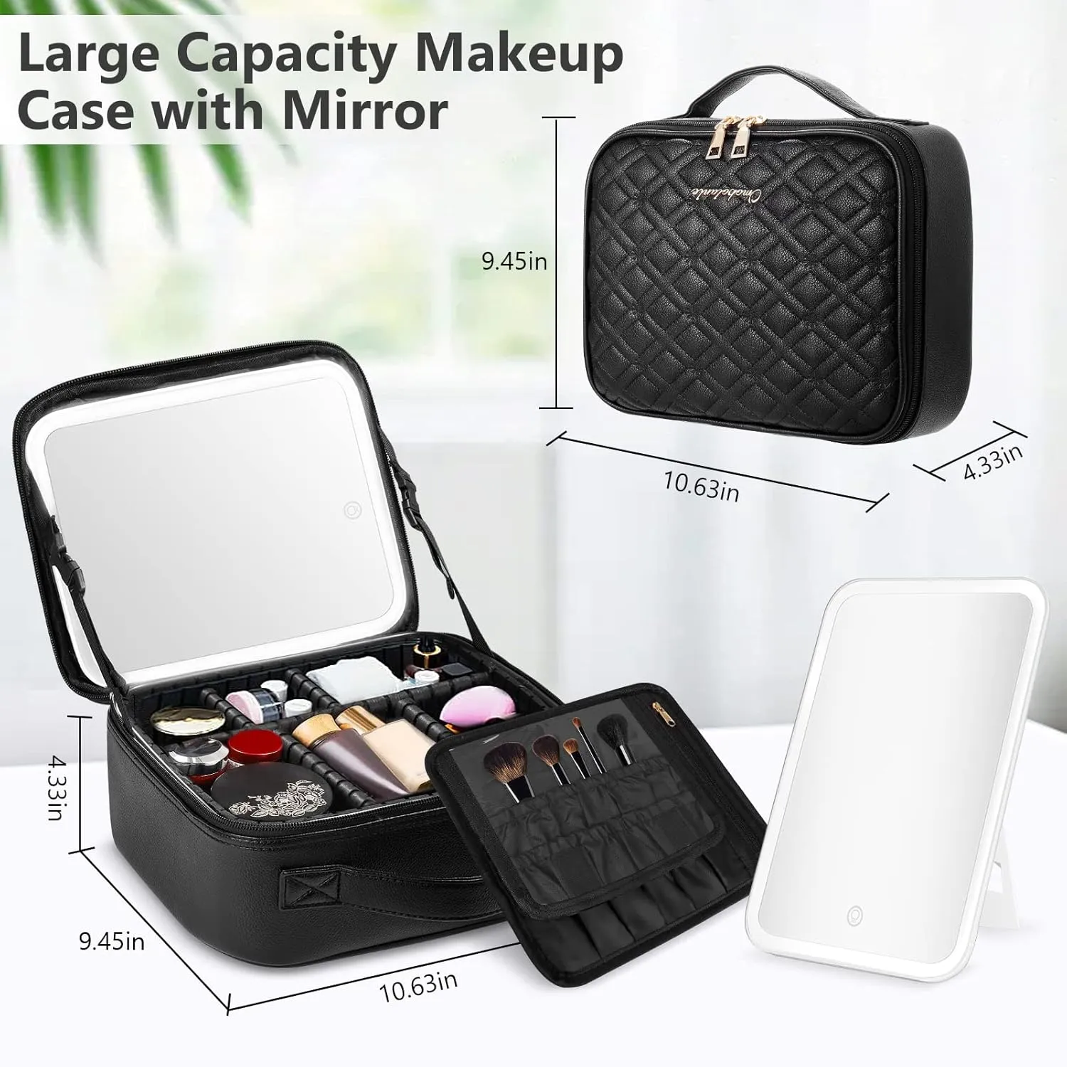 Travel Makeup Bag with Mirror of LED Lighted, Makeup Train Case with Adjustable Dividers and 10x Magnifying Mirror, Cosmetics Organizer for Women (Black)