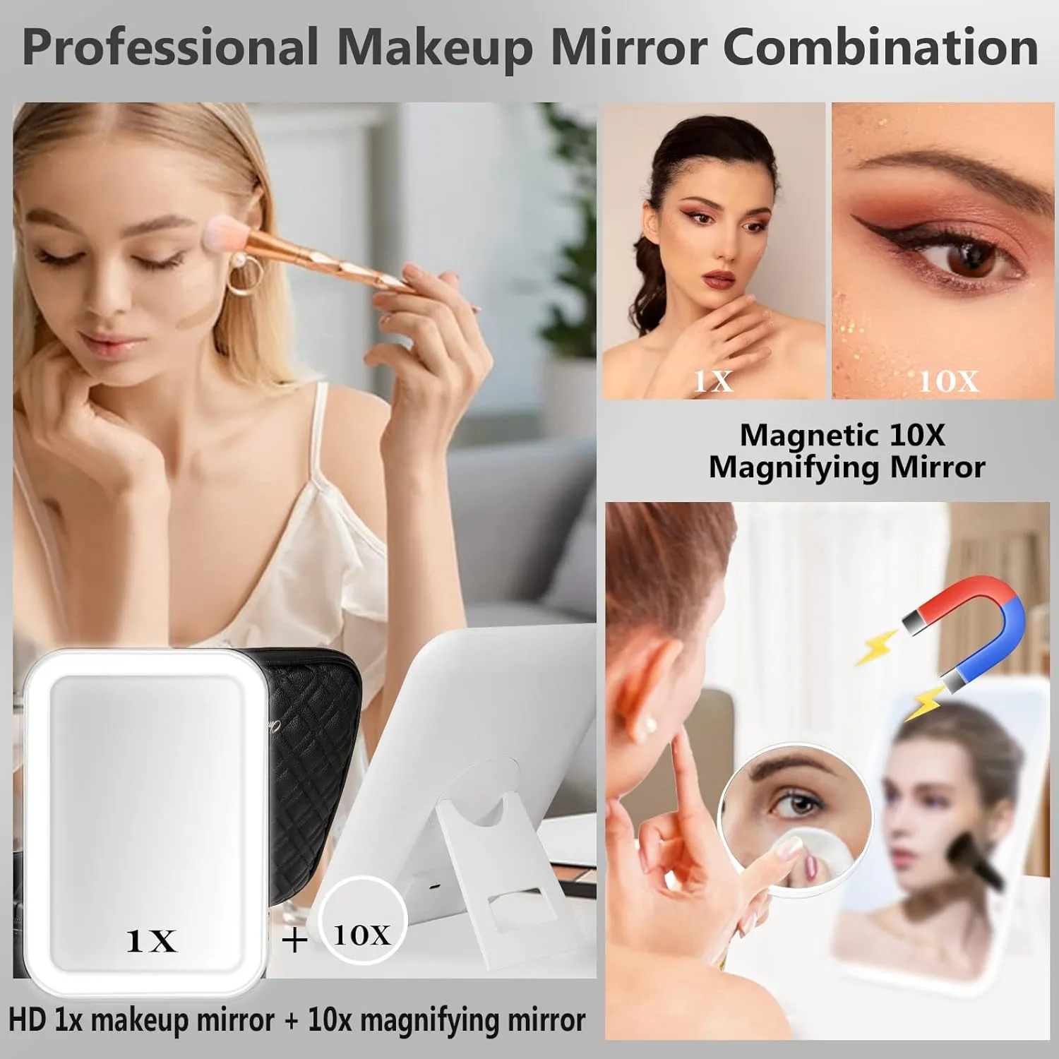 Travel Makeup Bag with Mirror of LED Lighted, Makeup Train Case with Adjustable Dividers and 10x Magnifying Mirror, Cosmetics Organizer for Women (Black)