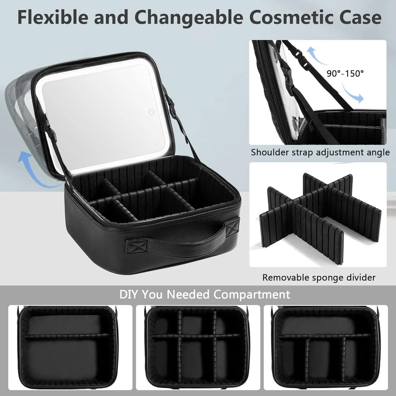 Travel Makeup Bag with Mirror of LED Lighted, Makeup Train Case with Adjustable Dividers and 10x Magnifying Mirror, Cosmetics Organizer for Women (Black)