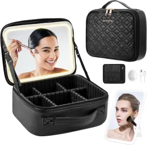 Travel Makeup Bag with Mirror of LED Lighted, Makeup Train Case with Adjustable Dividers and 10x Magnifying Mirror, Cosmetics Organizer for Women (Black)