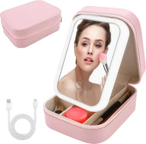 Travel Makeup Box with LED Mirror, Portable LED Makeup Bag with Adjustable Light-Up Mirror, 3 Color Light Settings, Dust-Proof Cosmetic Case, Multi-Compartment Storage Box Jewelry Organizer for Women