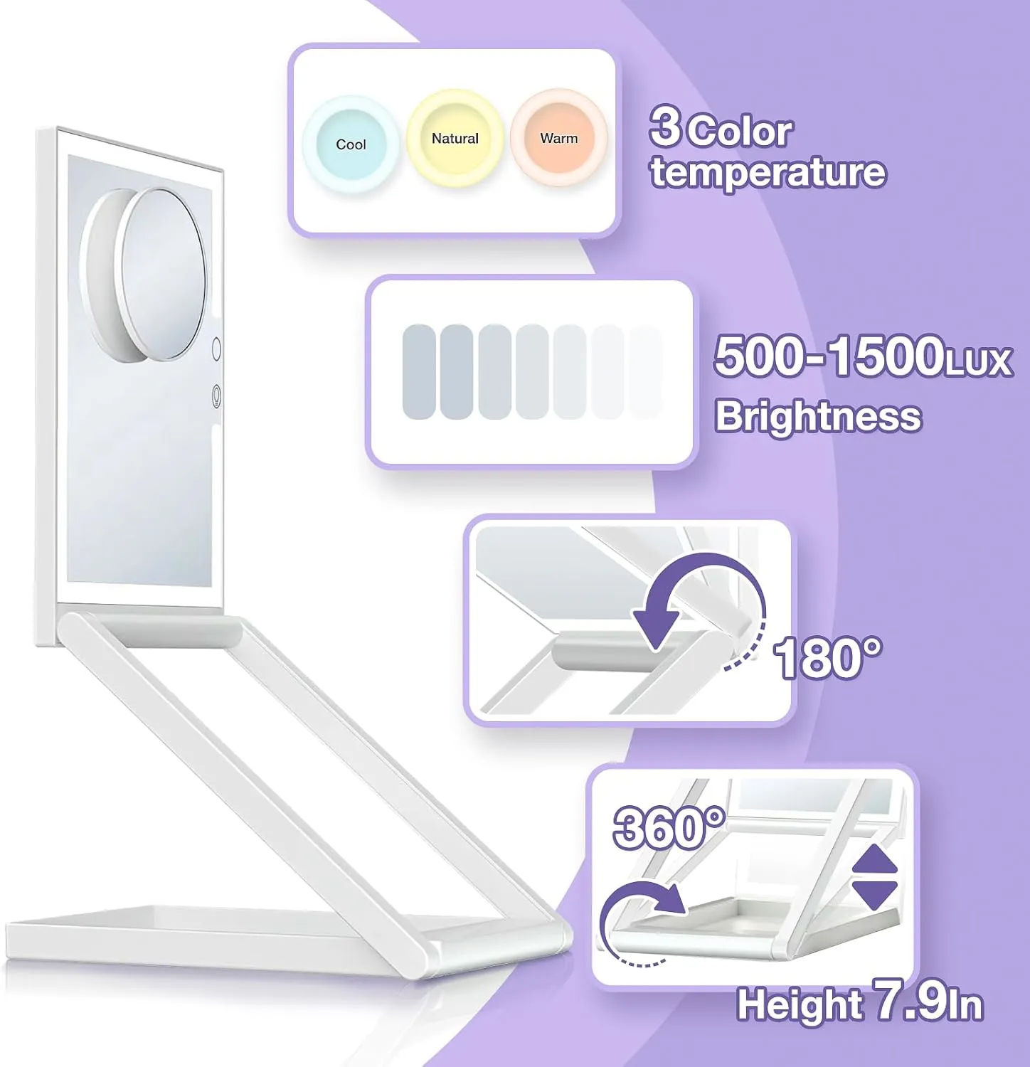 Travel Makeup Mirror with Lights - 3 Color LED, USB Rechargeable, 10X Magnifying, Adjustable Height, 360 Rotation, Compact Folding Touch Screen Smart Cosmetic Mirror