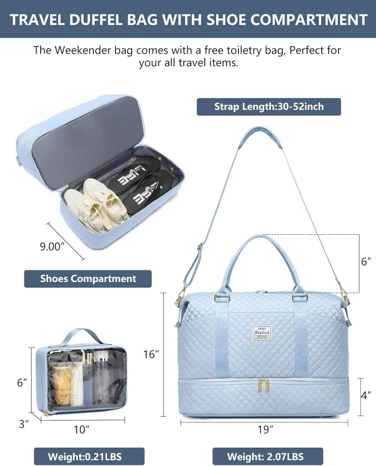 Travel Overnight Bag Weekender Bags- Duffle Bags Women with Shoe Compartment Carry on Overnight Bag with Toiletry Gym Duffel with Wet Pocket Hospital Bags Light Blue