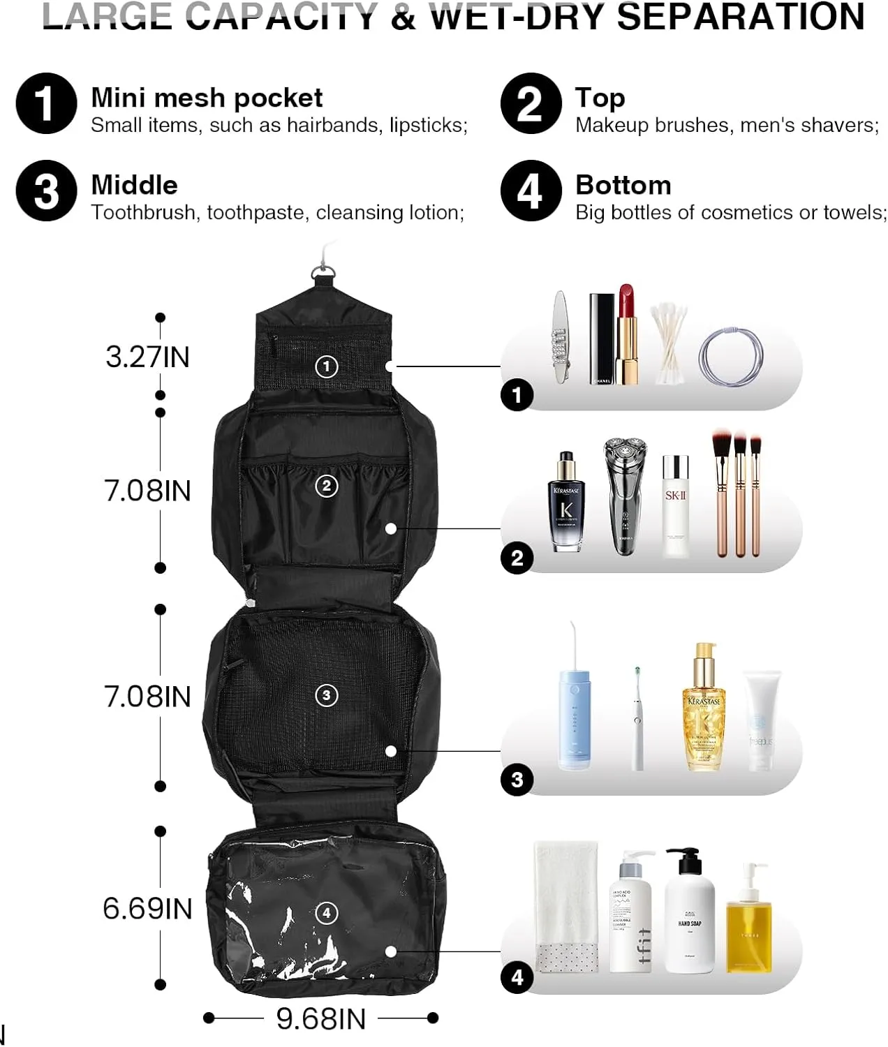 Travel Toiletry Bag for Women Men - Portable Large Hanging Organizer Makeup Bag for Cosmetic, Shampoo, Conditioner, Brushes Set, Cosmetic, Travel Accessories Essentials, Black