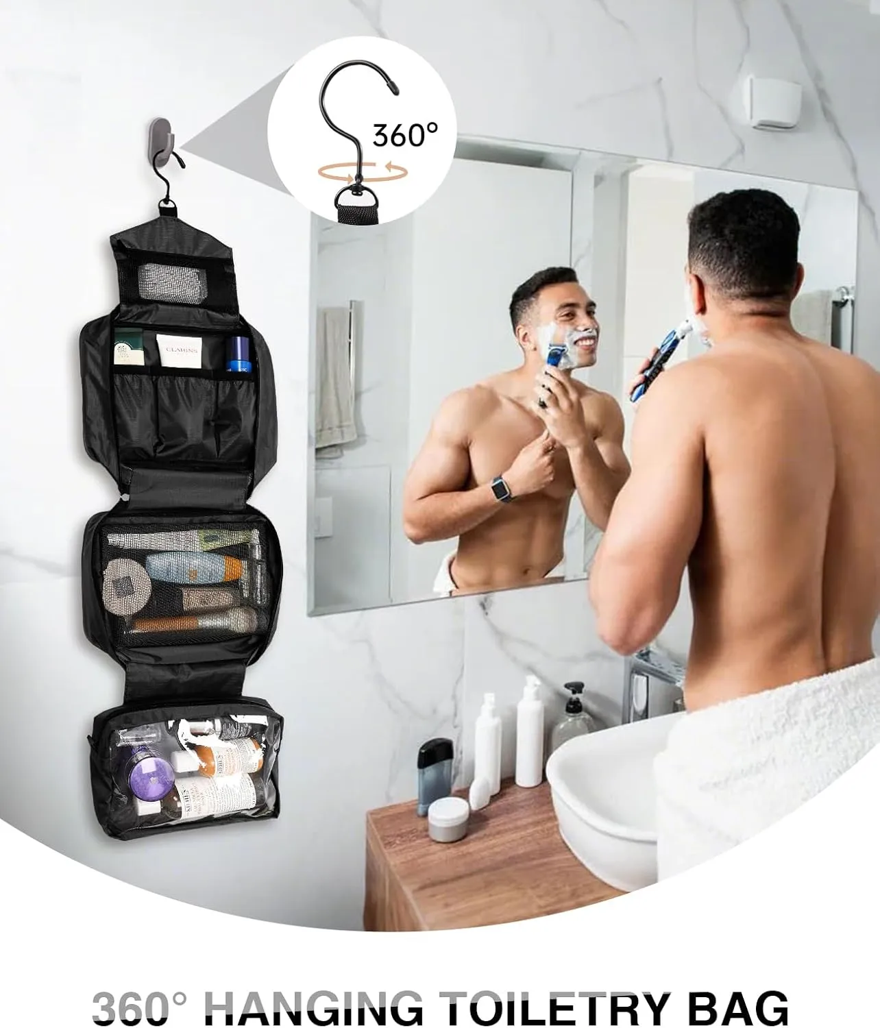 Travel Toiletry Bag for Women Men - Portable Large Hanging Organizer Makeup Bag for Cosmetic, Shampoo, Conditioner, Brushes Set, Cosmetic, Travel Accessories Essentials, Black