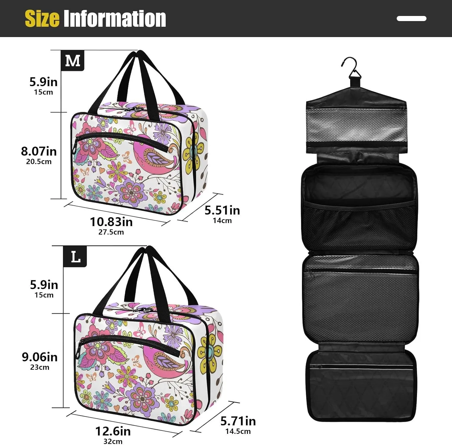 Travel Toiletry Bag Hanging Cosmetic Bag Compact Toiletry Bag with Large Capacity for Women Medium Bird and Flower