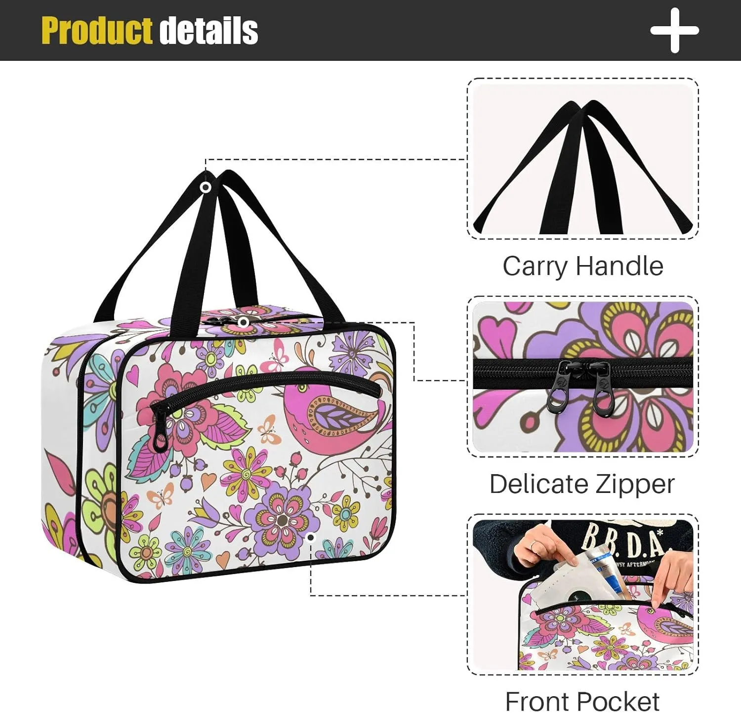 Travel Toiletry Bag Hanging Cosmetic Bag Compact Toiletry Bag with Large Capacity for Women Medium Bird and Flower